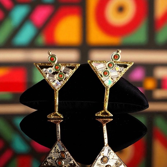 Jewelry - Martini Glass Post Earrings with Crystals, Glass in Gold🍸✨NWOT